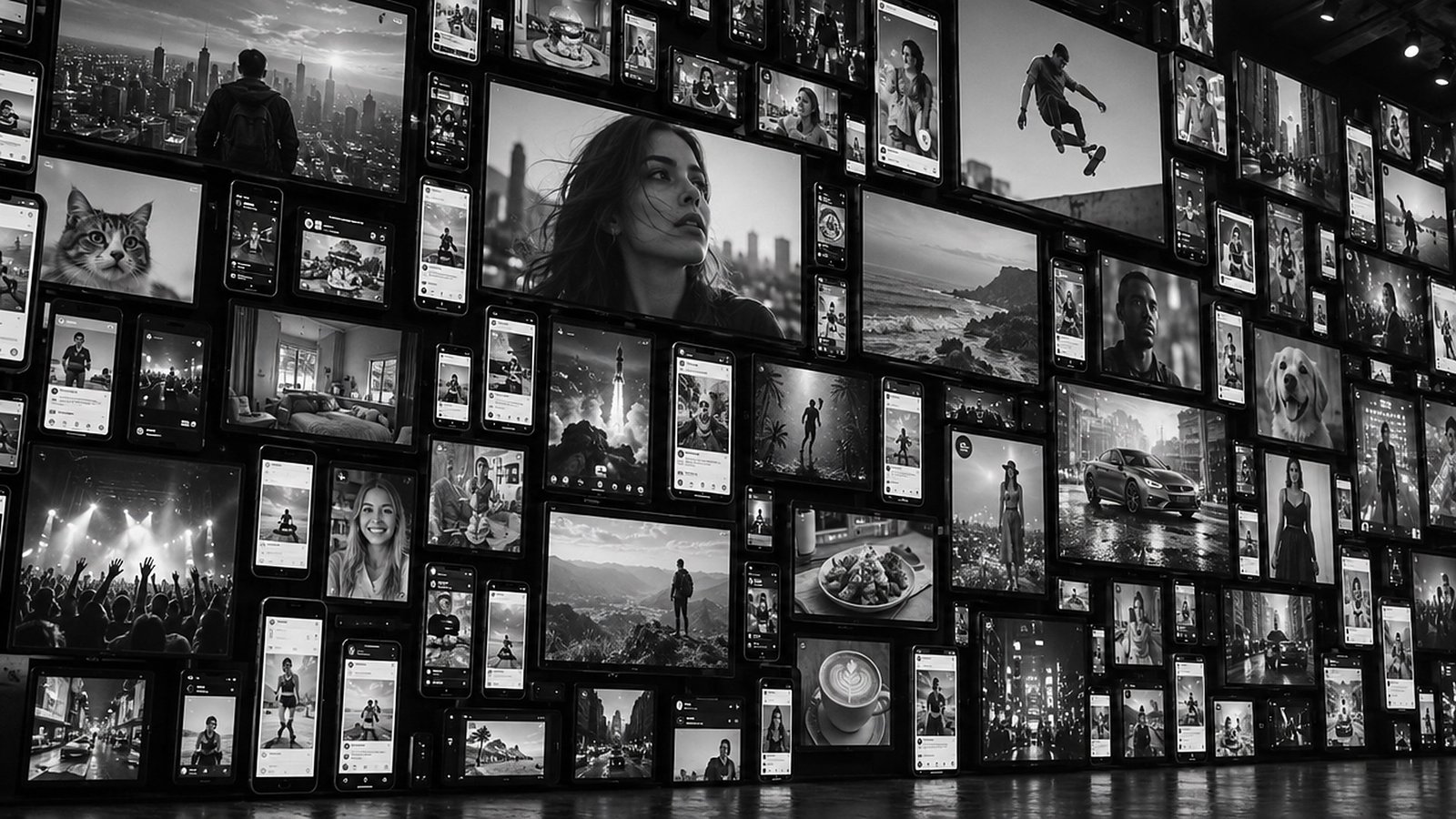 A wall of screens showing social media, video and ads