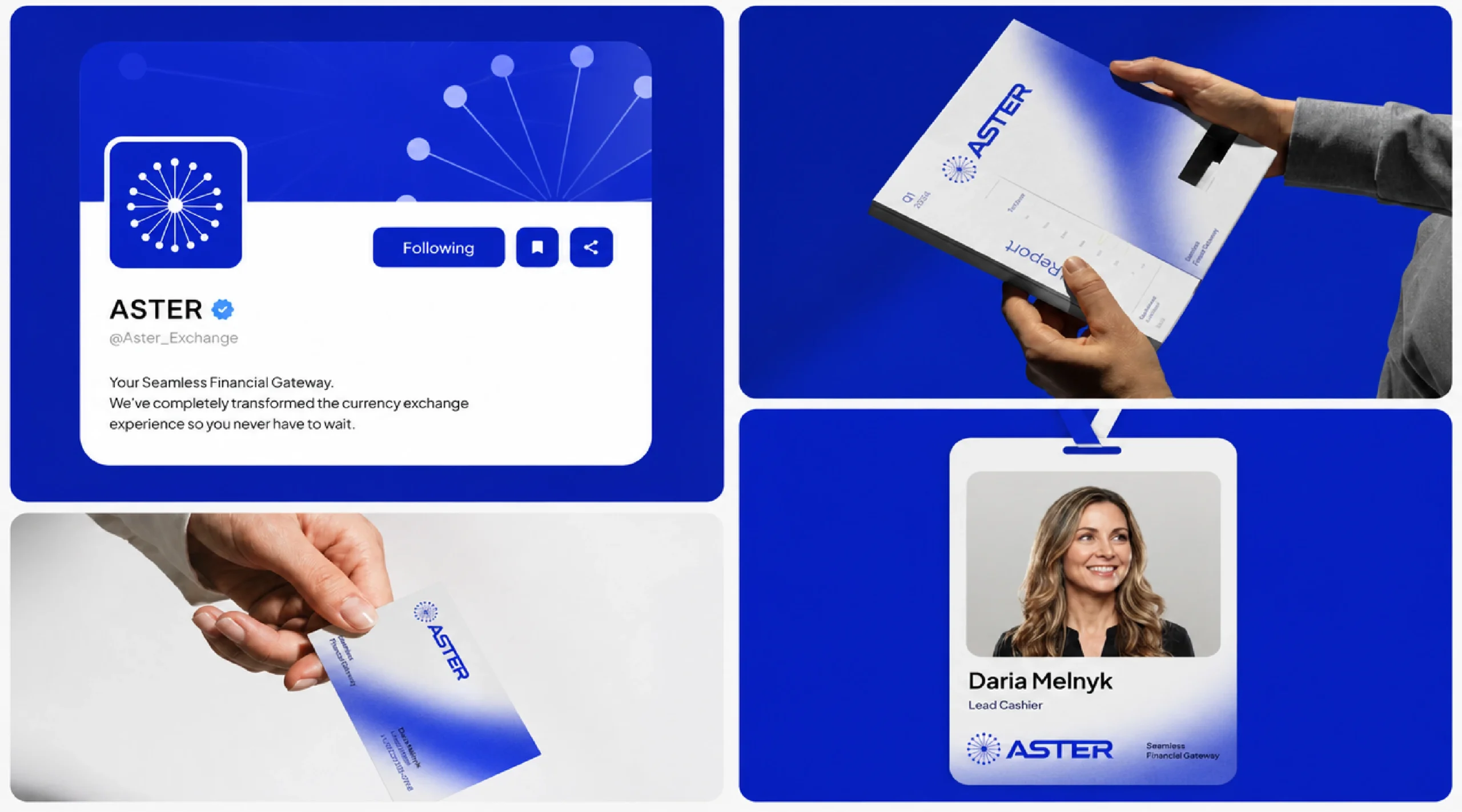 Aster social profile, ID badge and printed collateral