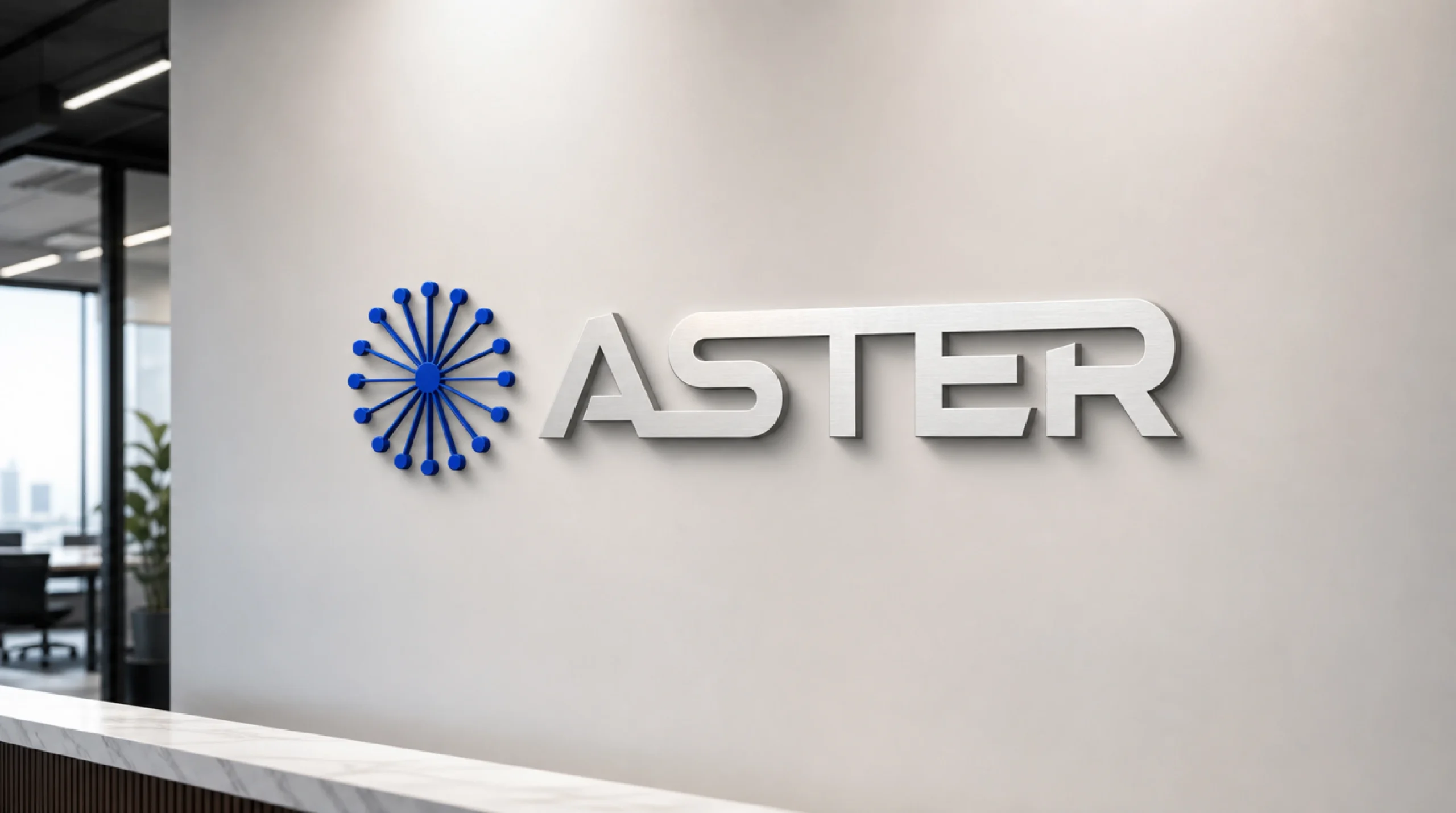Aster dimensional logo on an office wall