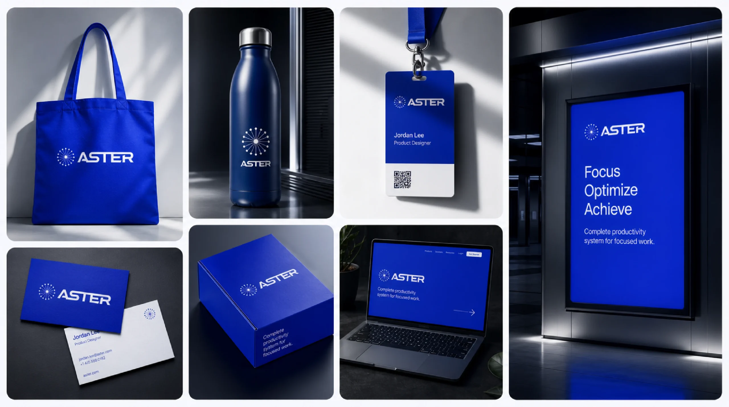 Aster brand kit with tote, bottle, lanyard and packaging
