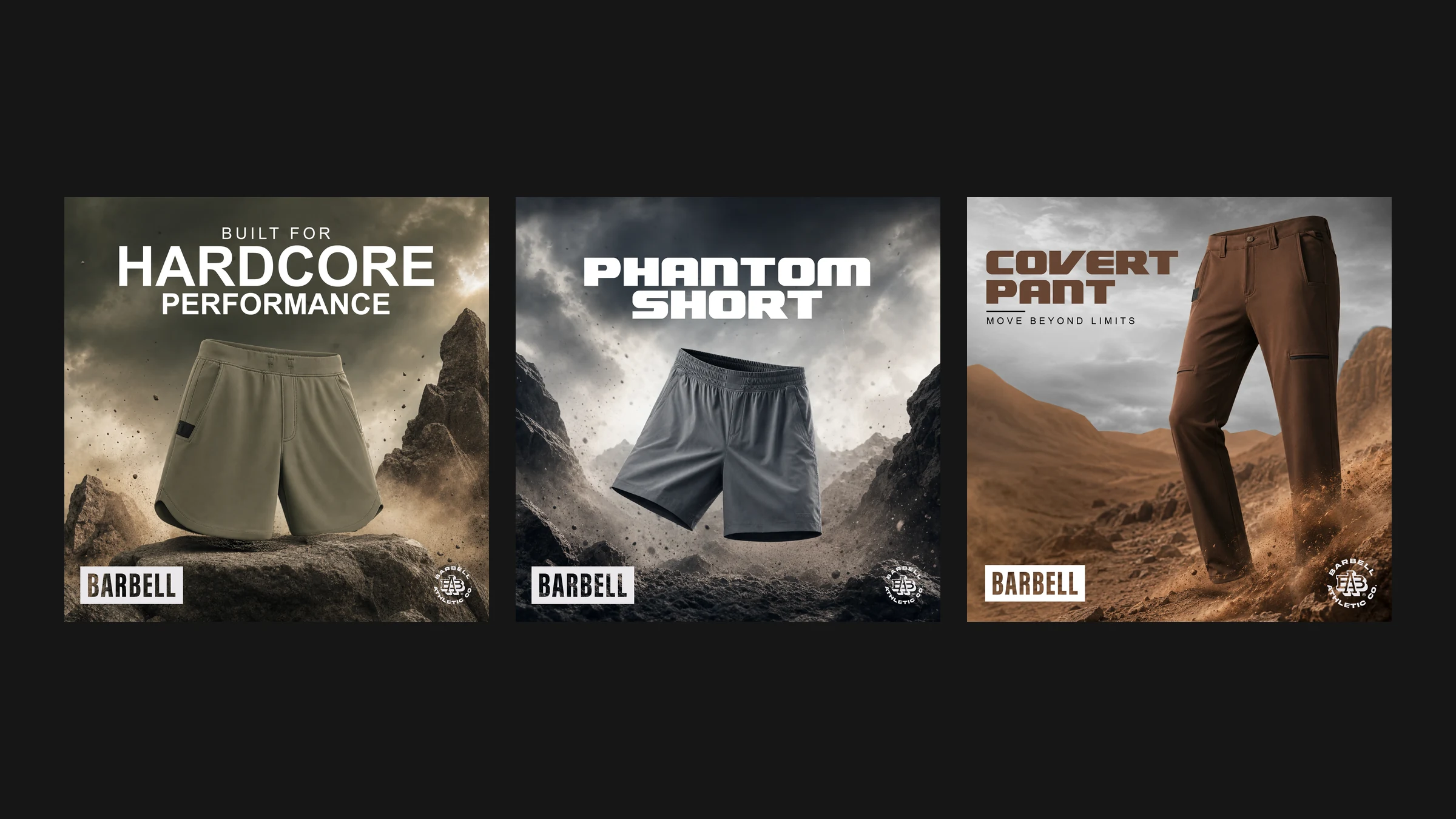 Barbell social media posts: Hardcore Performance, Phantom Short and Covert Pant