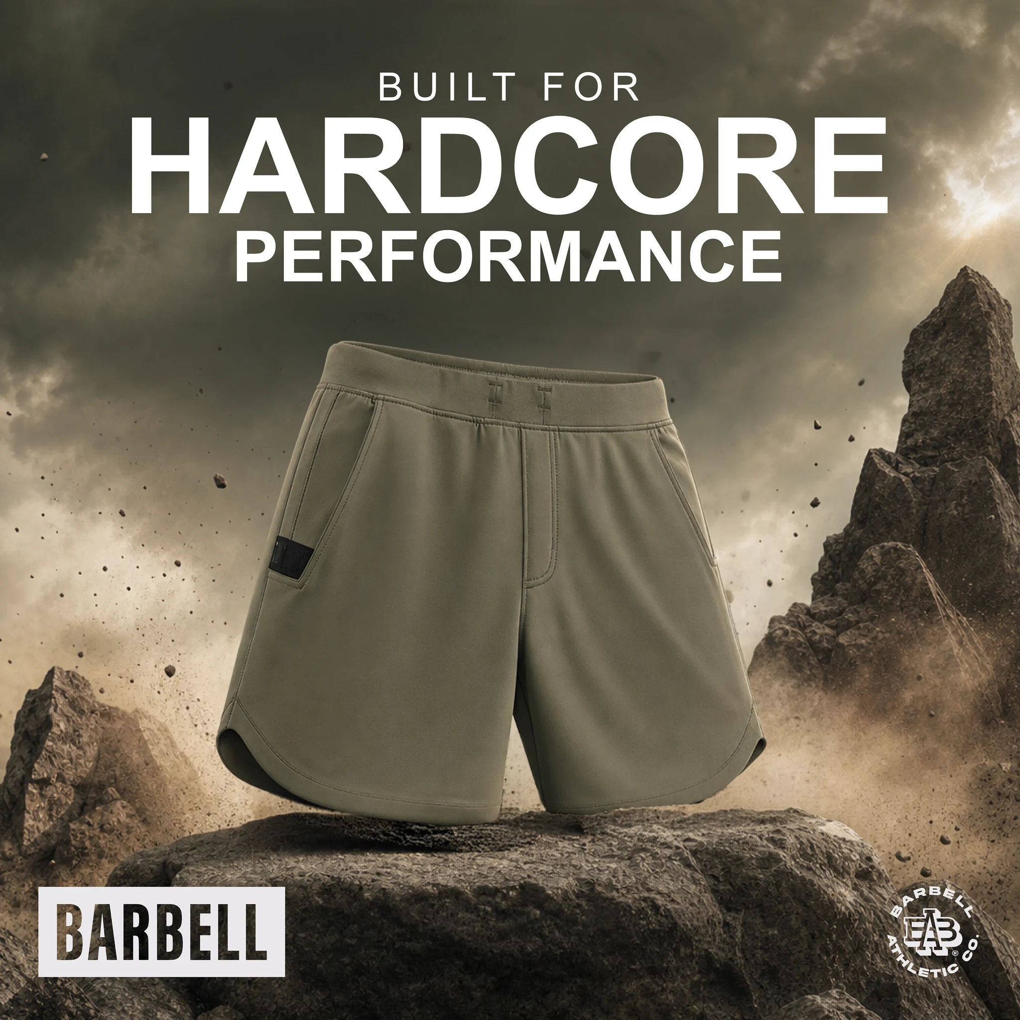 Barbell Built for Hardcore Performance post, olive shorts