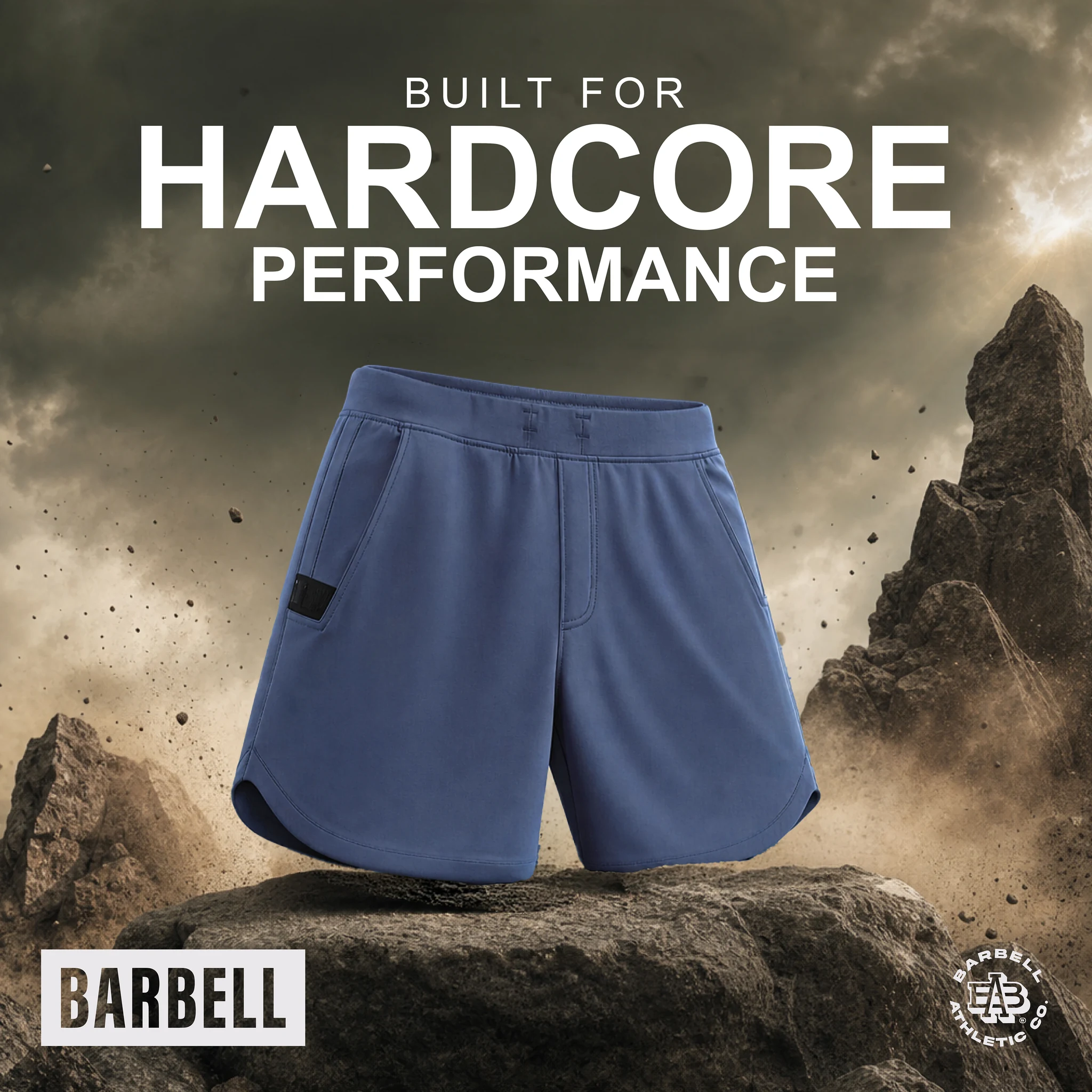 Barbell Built for Hardcore Performance post, blue shorts