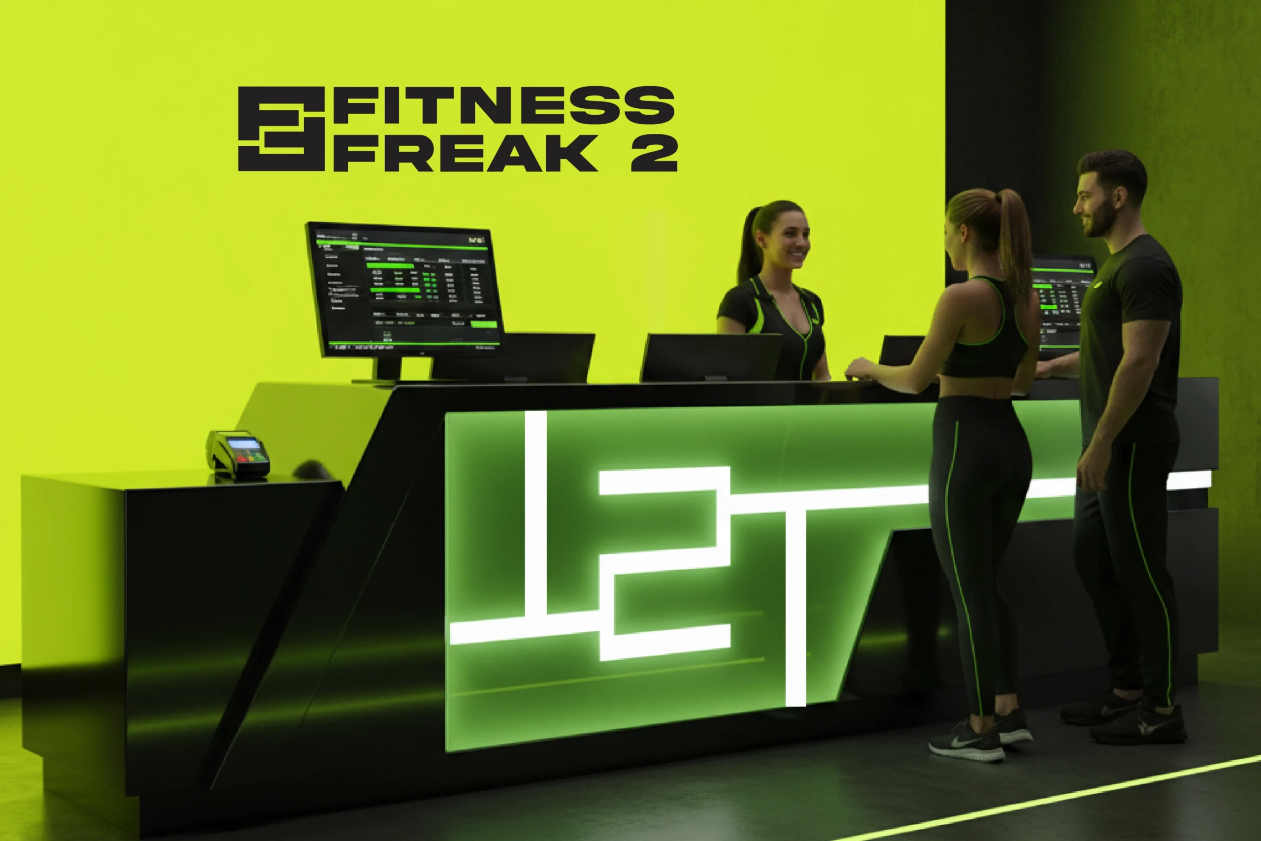 Fitness Freak 2 reception desk with branded signage