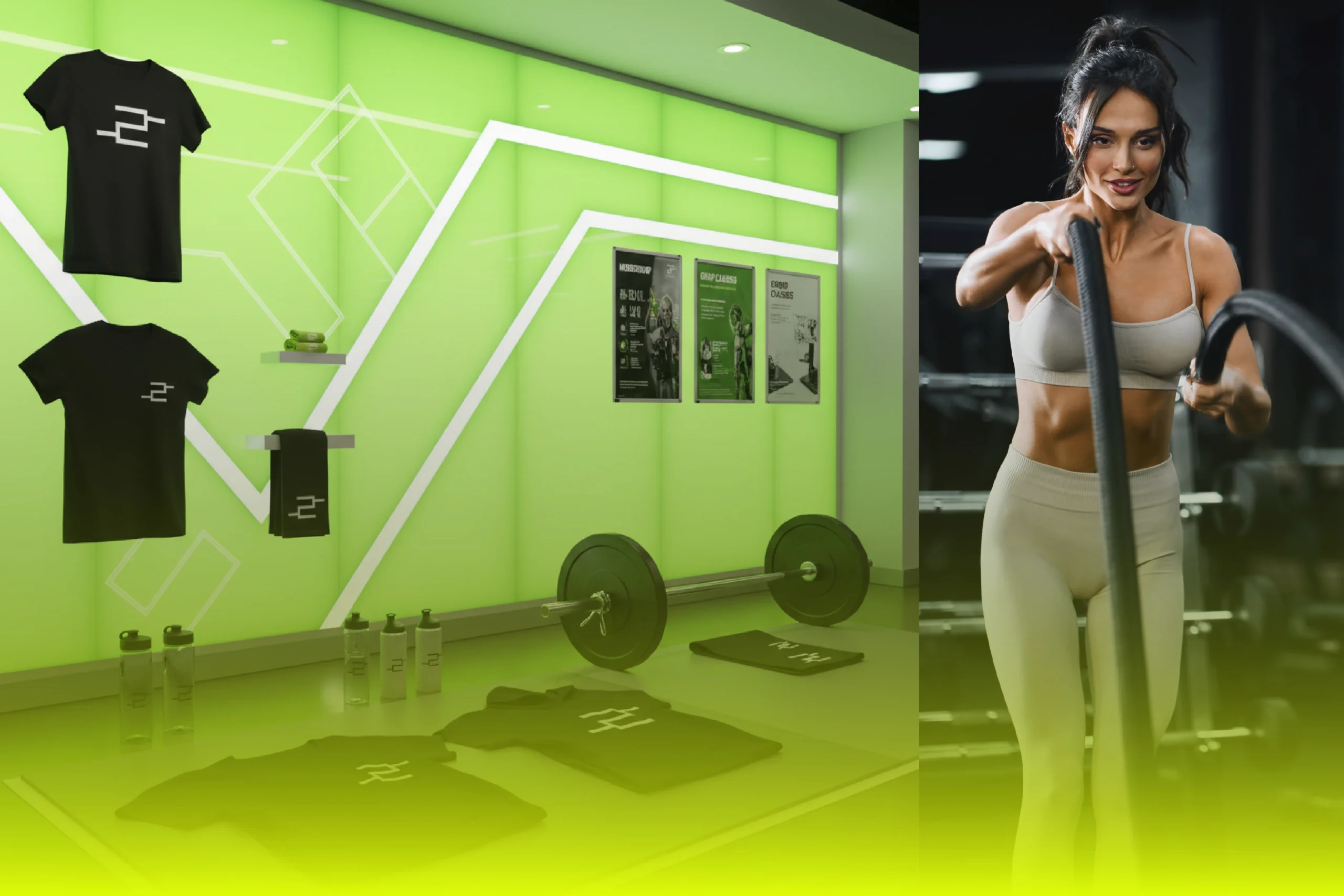 Fitness Freak 2 merchandise wall with t-shirts, towels and bottles